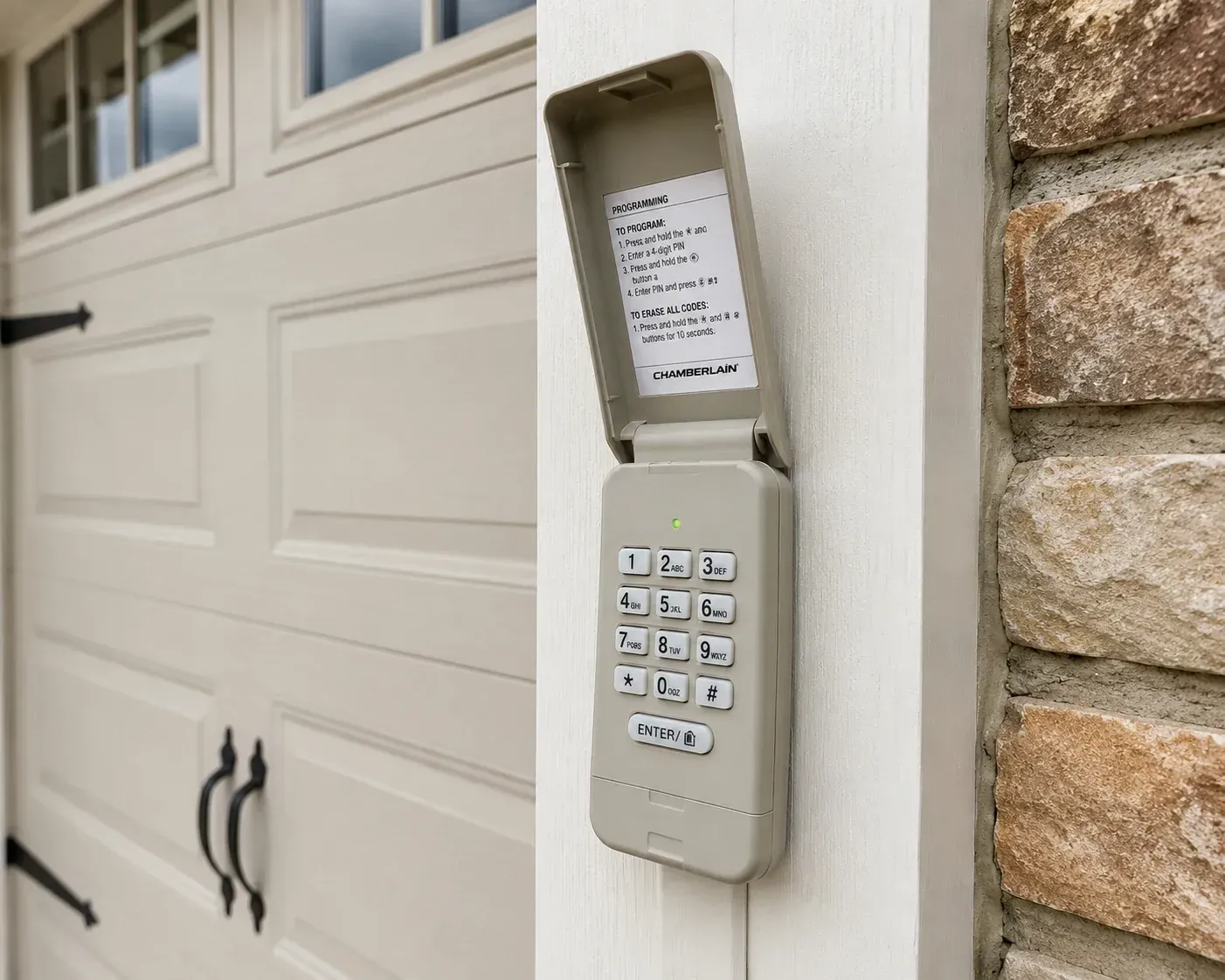 Garage door keypad mounted outside a residential garage door with carriage hardware