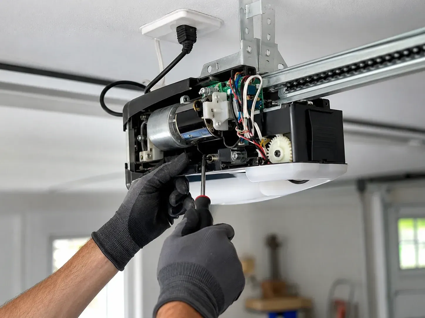 Garage door opener repair in Roscoe IL with technician working on the opener motor inside a residential garage