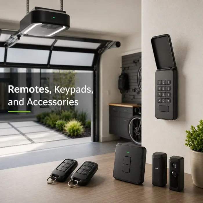 LiftMaster garage door opener with remotes, keypad, access controls, and smart devices