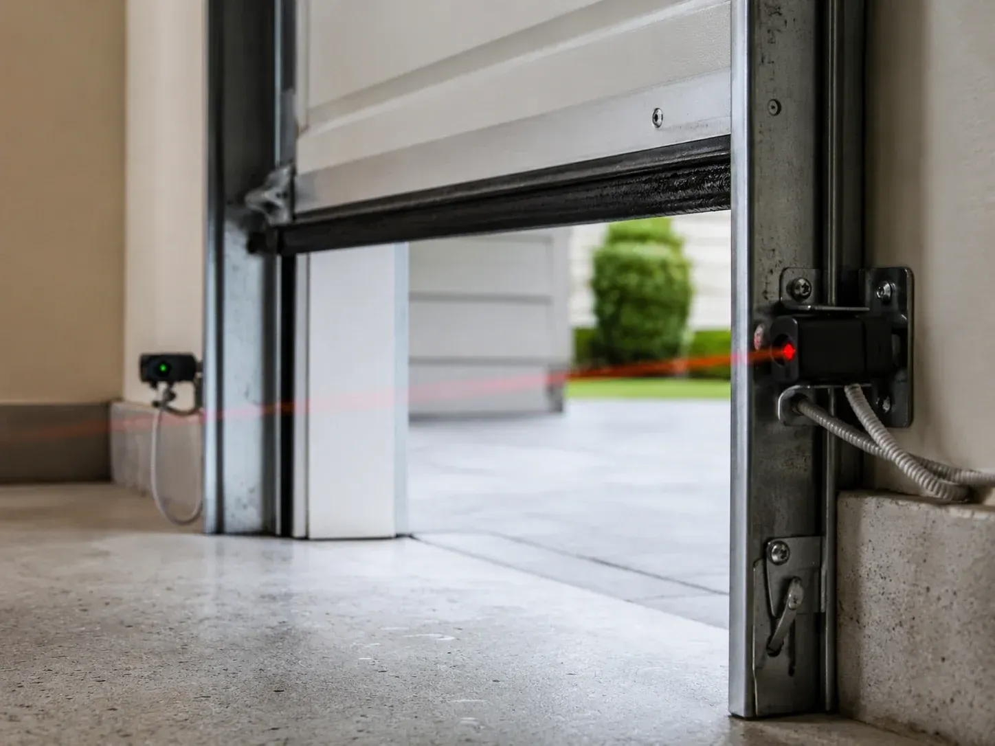 Garage door safety sensors aligned across the bottom of a residential garage door