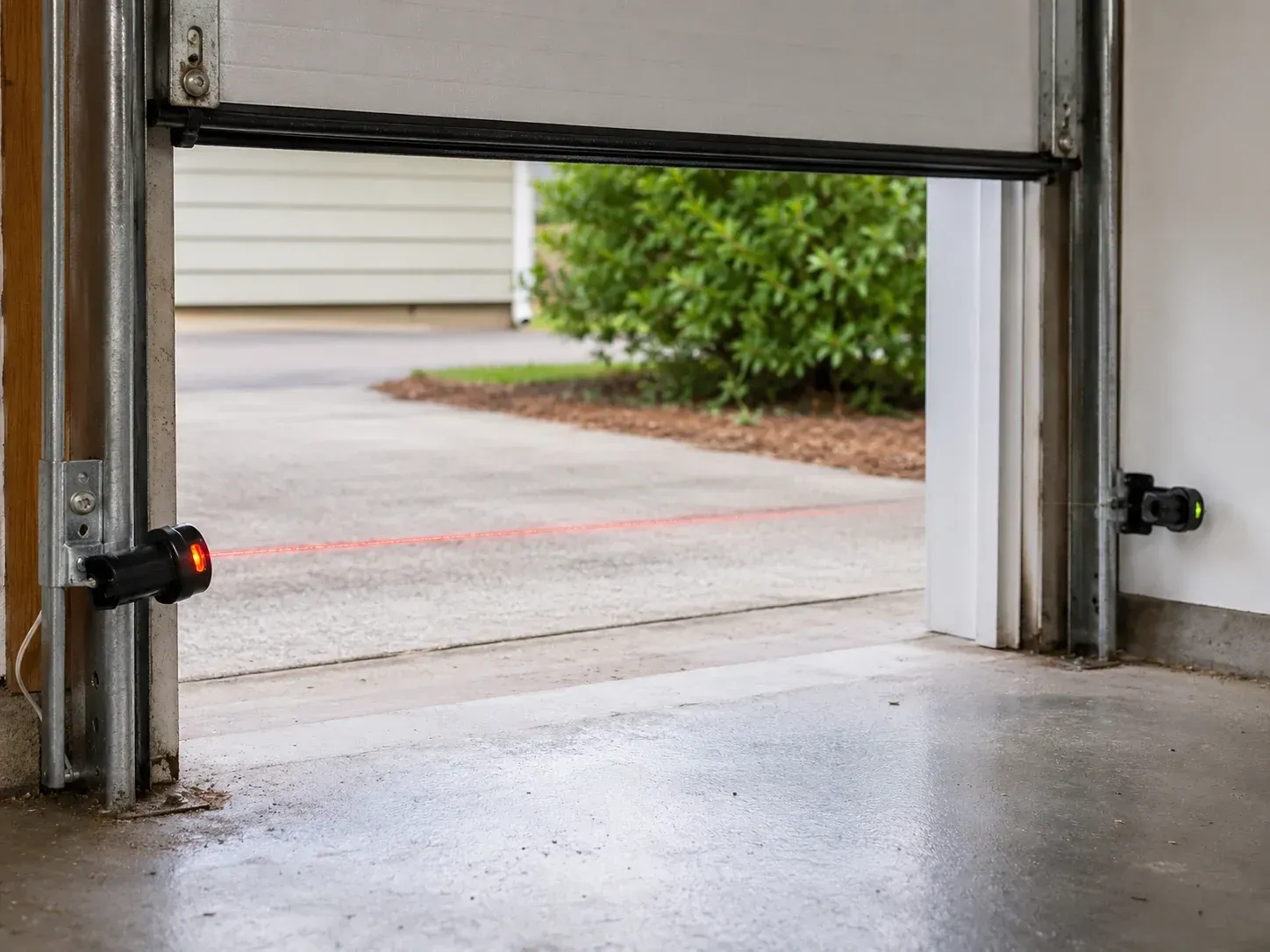 Garage door safety sensor repair with red alignment beam inside a residential garage in Roscoe IL