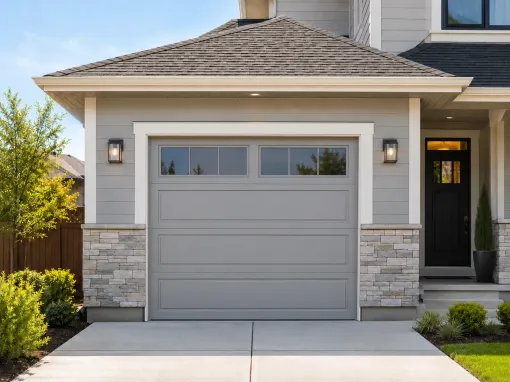 Gray residential garage door with top windows on a modern home