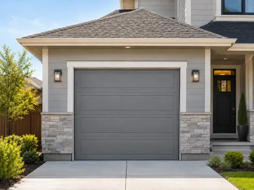 Gray residential garage door on a modern home with stone accents