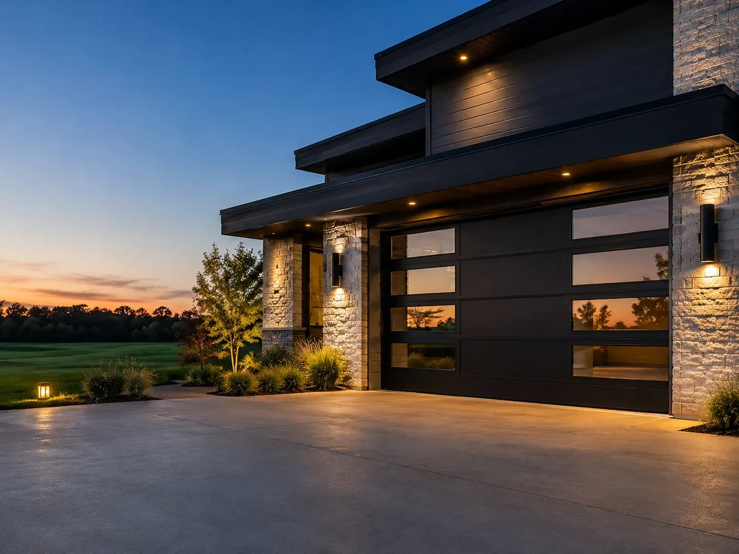 Modern aluminum garage door with clean horizontal panels on a residential home