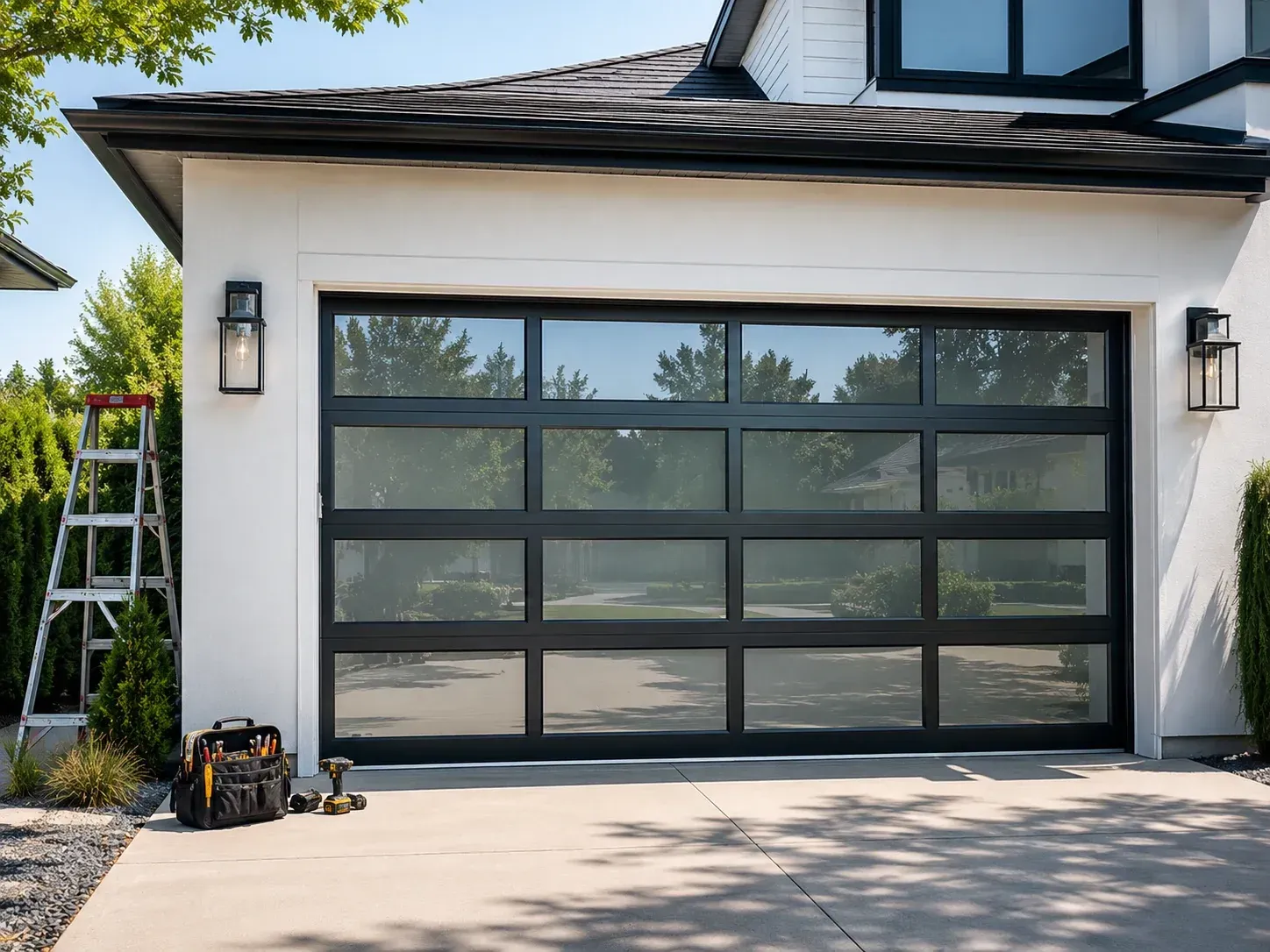 Modern black glass garage door on a clean residential home exterior in Roscoe IL