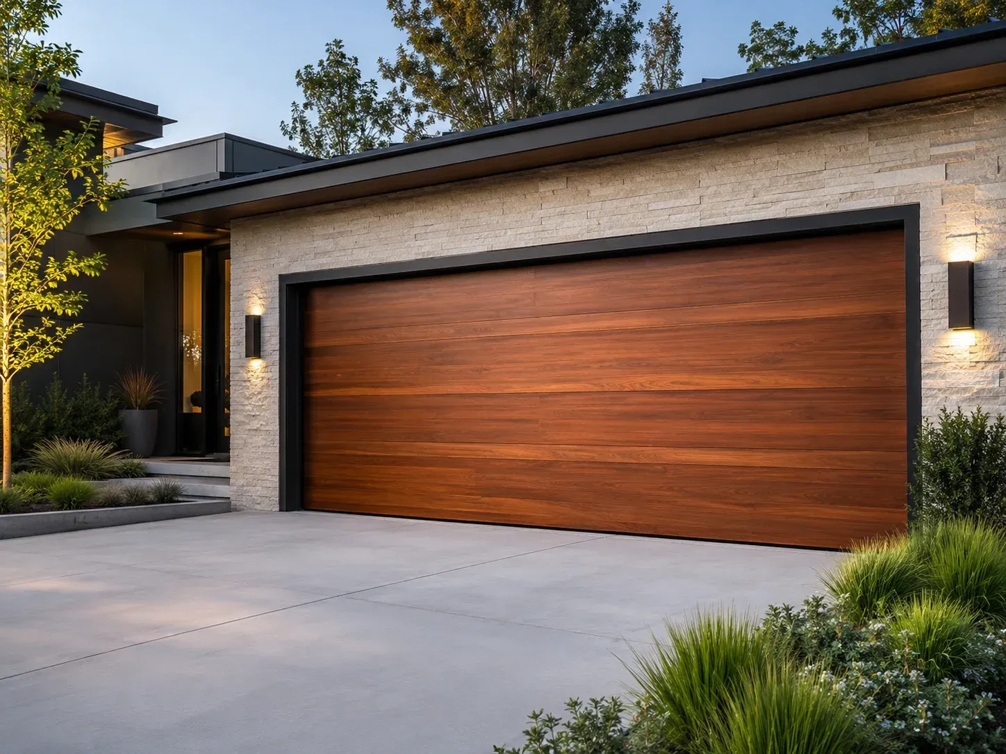 Modern wood garage door with horizontal panels on a contemporary residential home