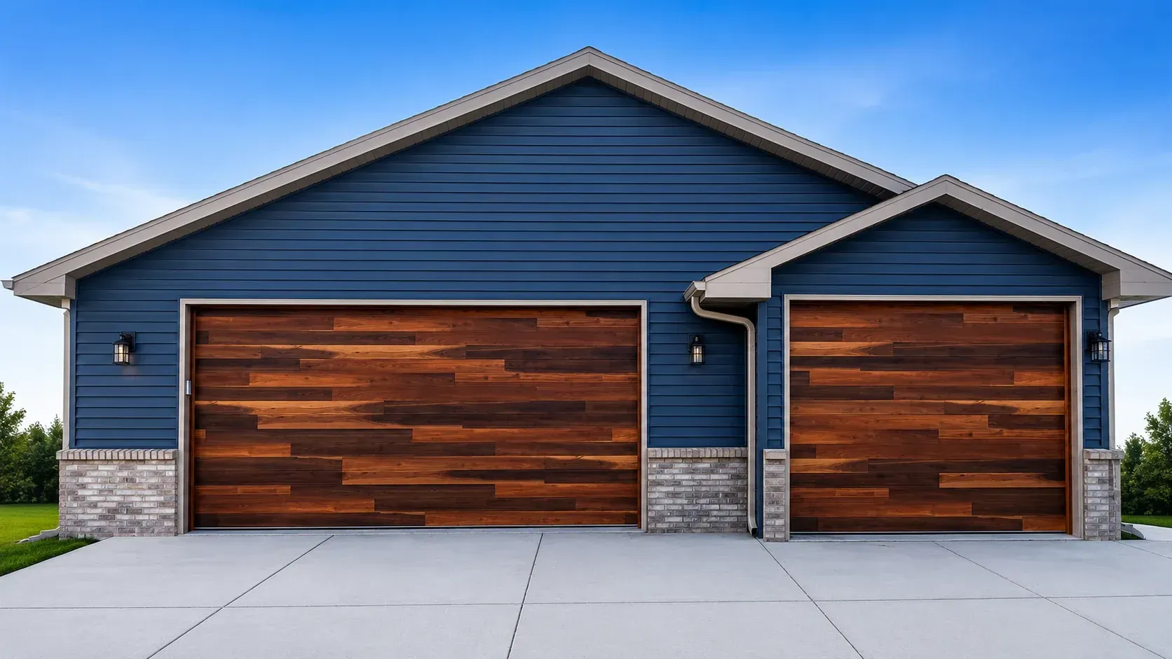 New wood-look garage doors on a blue home in South Beloit, IL after a custom garage door replacement