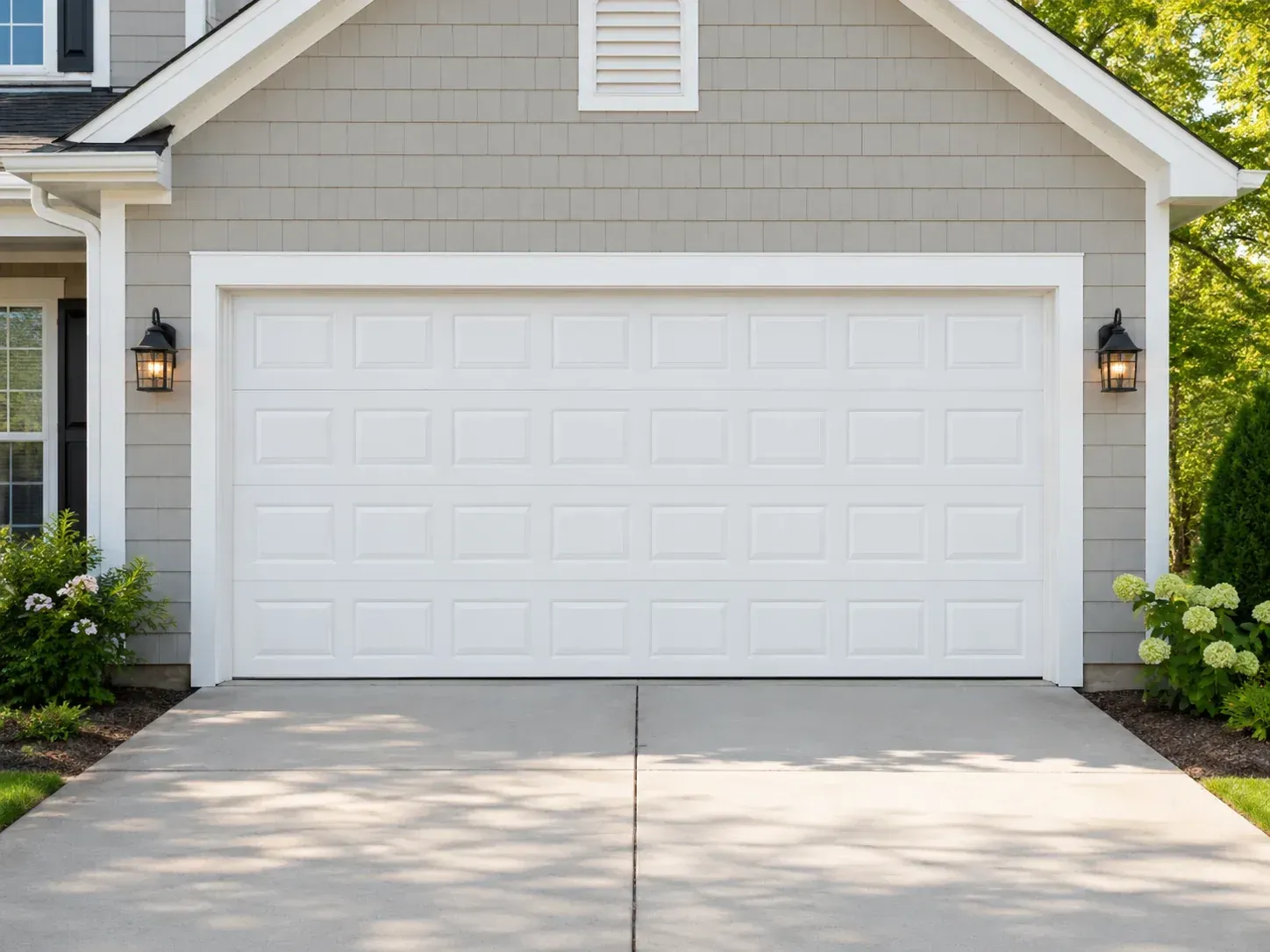 Raised panel wood garage door on a residential home with traditional garage door styling