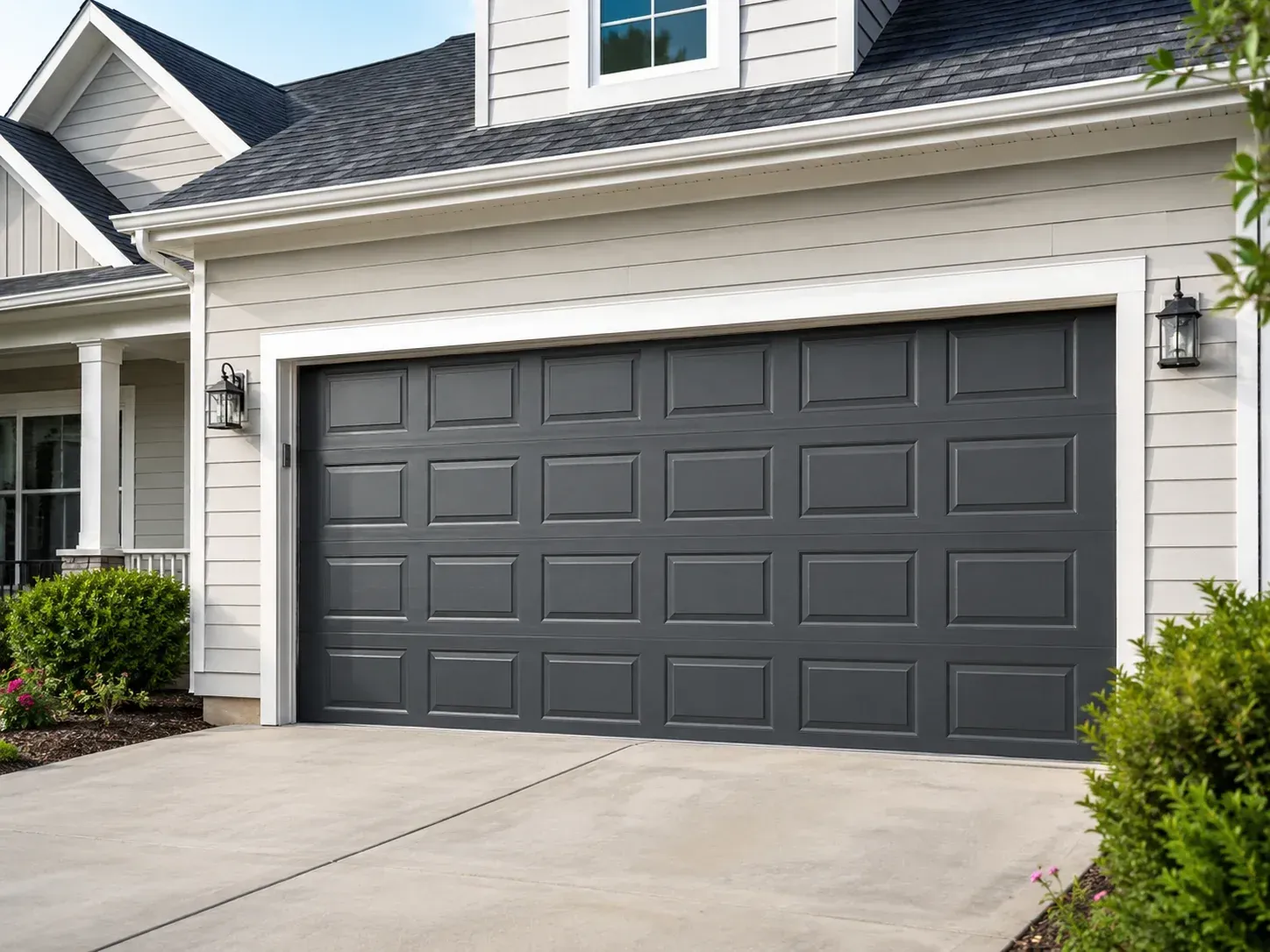 Raised panel wood garage door on a residential home with traditional garage door styling