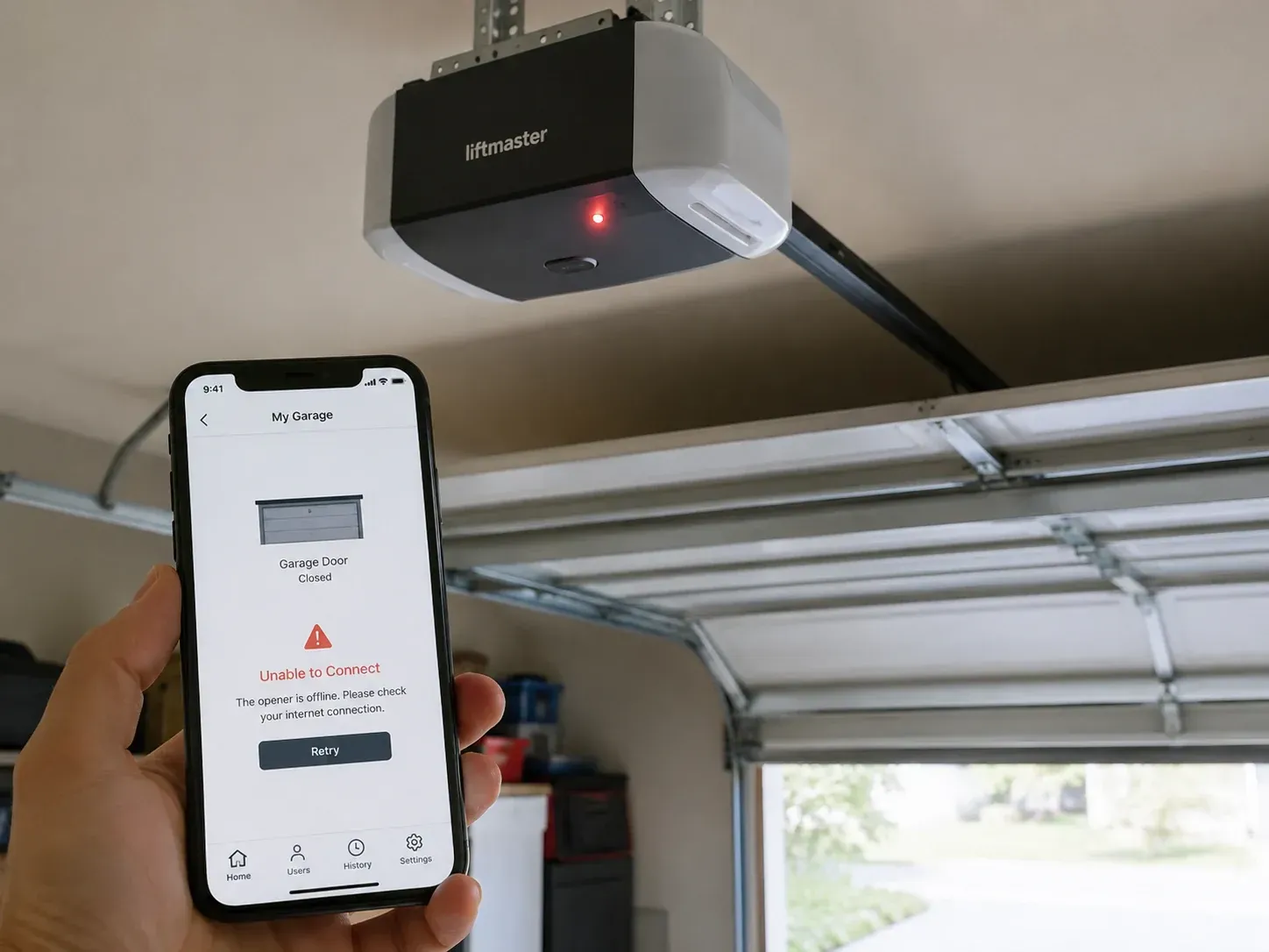 Smart garage door opener connection error on mobile app during opener troubleshooting in Roscoe IL