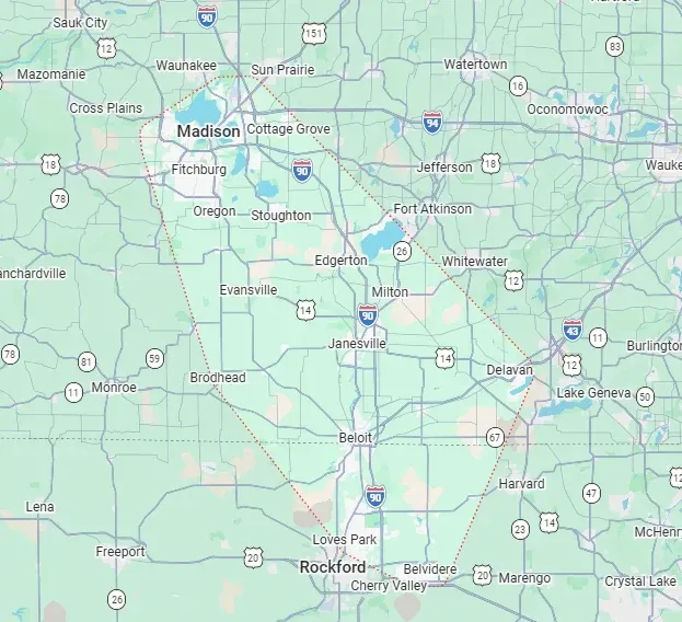 Map of central Wisconsin showing Madison, Janesville, and Beloit with highways and towns.
