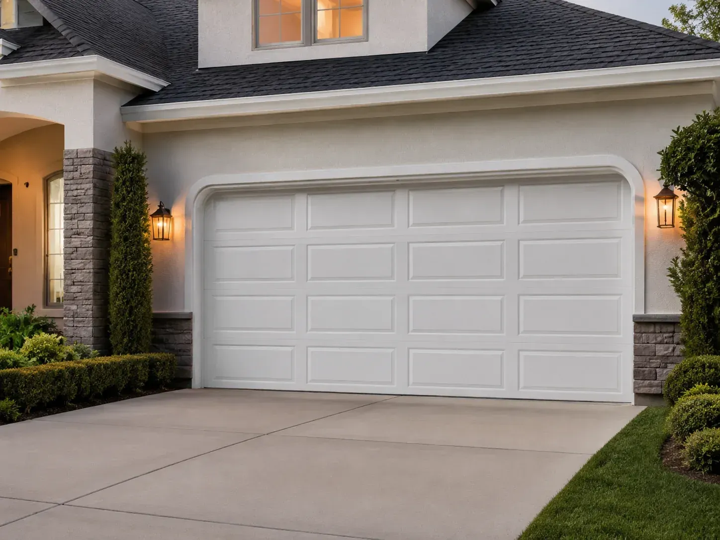 Vinyl garage door with top windows on a residential home