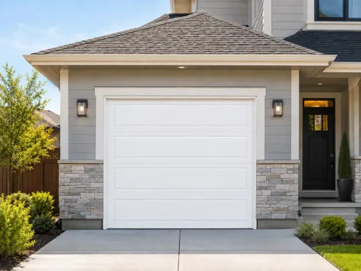 White residential garage door on a modern home with stone accents