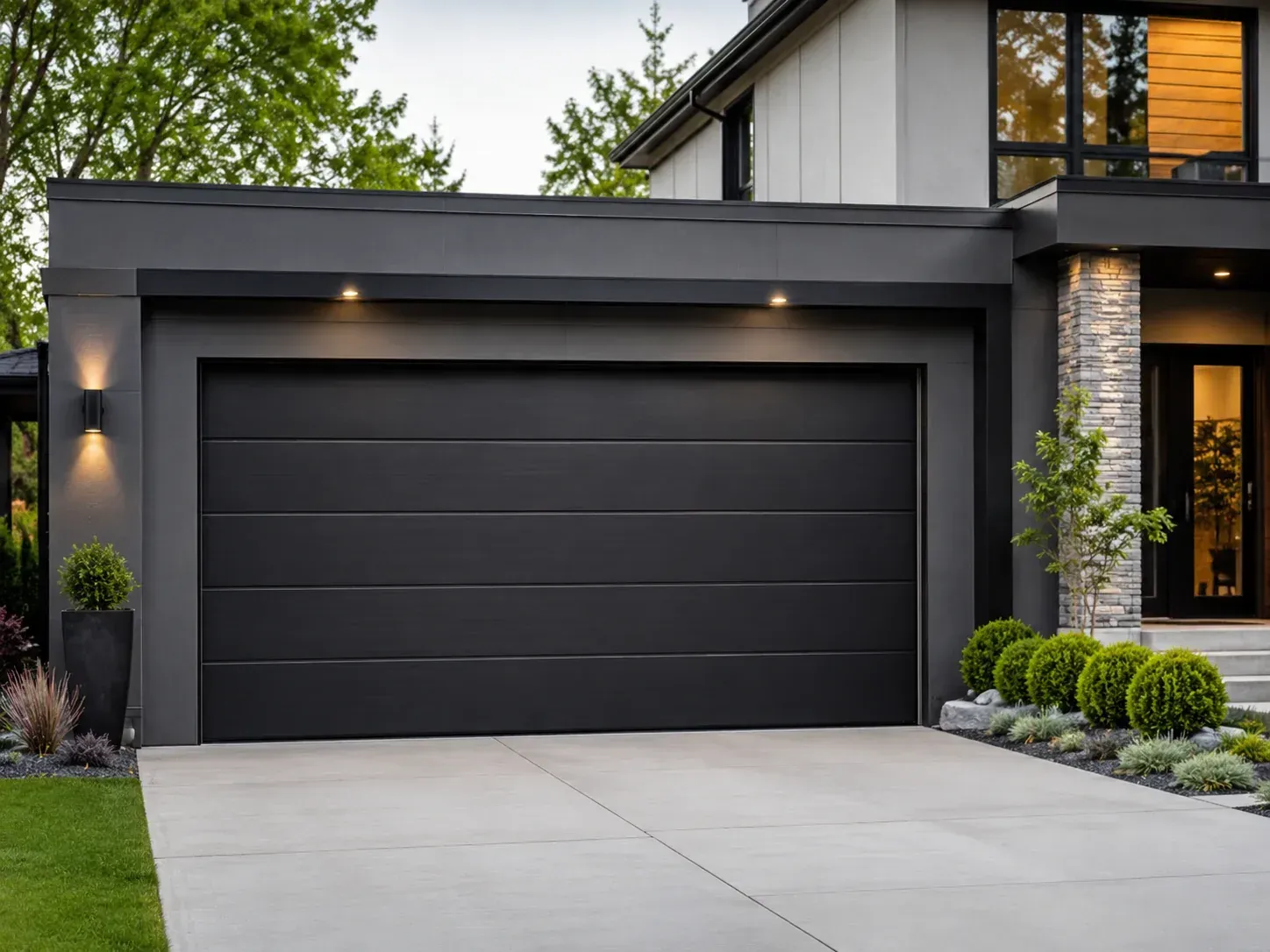 White steel garage door with upper windows on a residential home