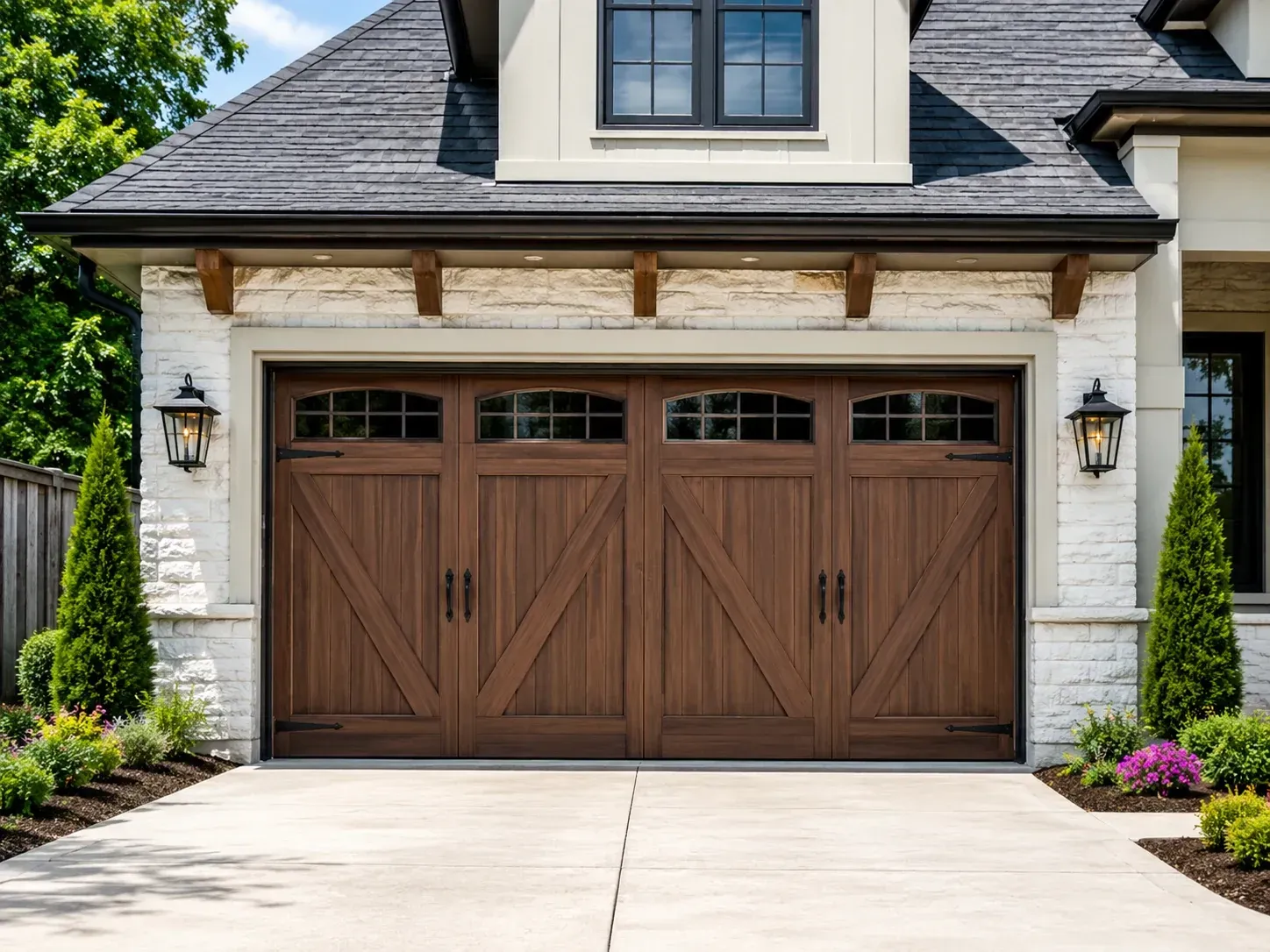 Wood-look carriage garage door with arched windows and black hardware in Roscoe IL