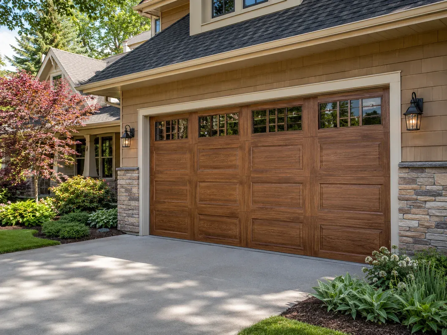 Wood look fiberglass garage door with warm natural finish