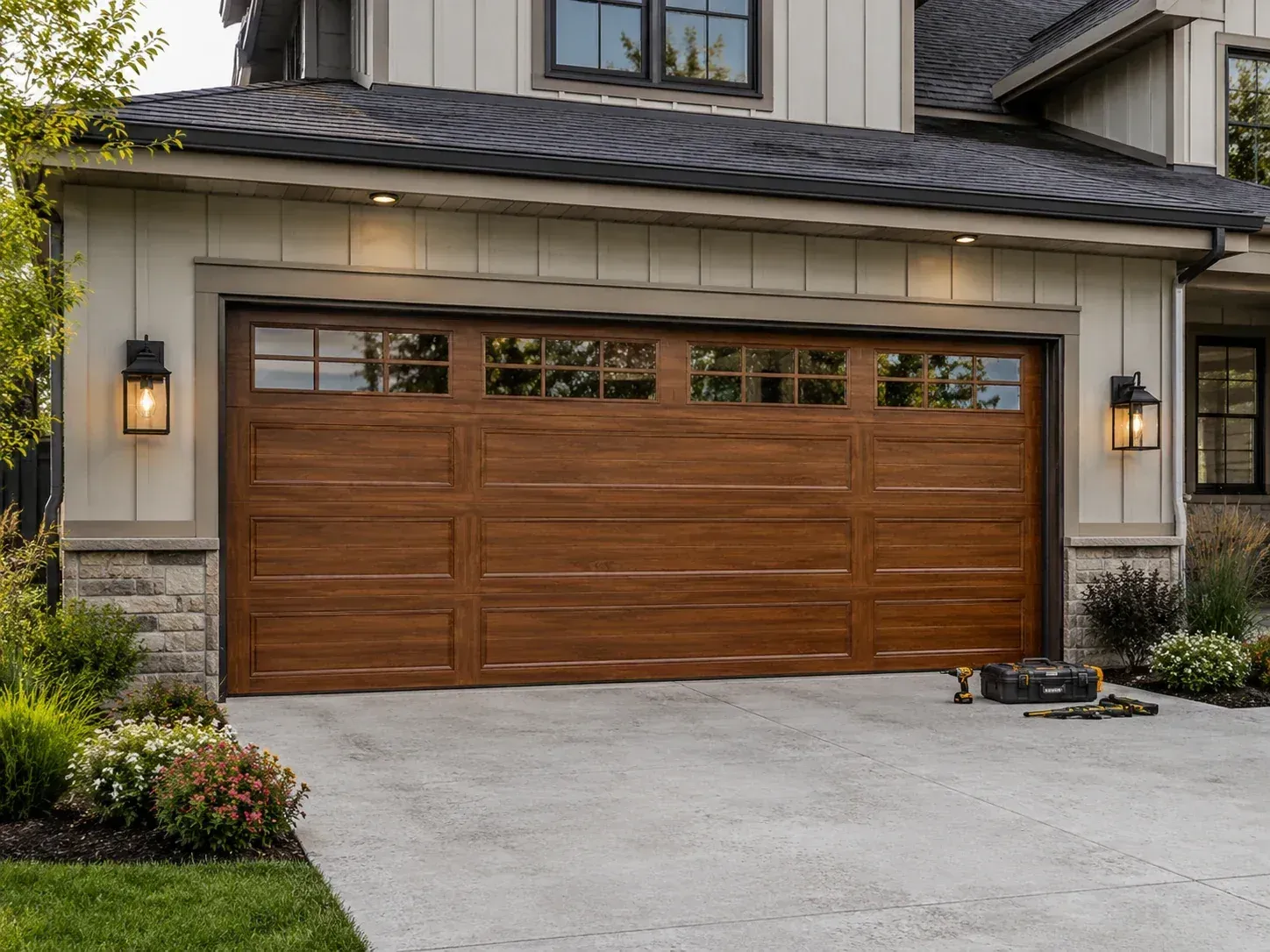 Wood look garage door installation used for fiberglass garage door comparison