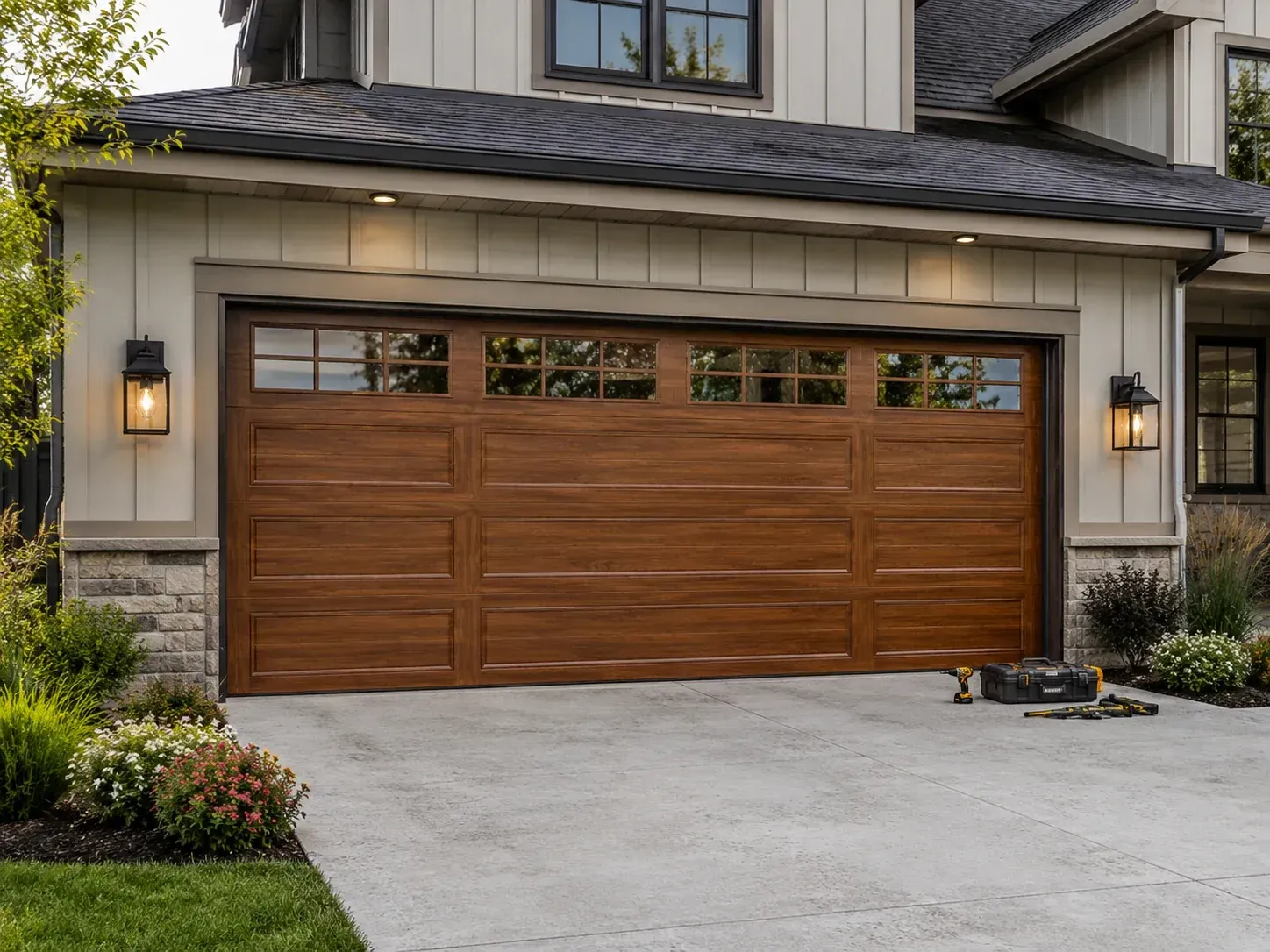 Wood-look garage door installation with upper windows on a residential home in Roscoe IL