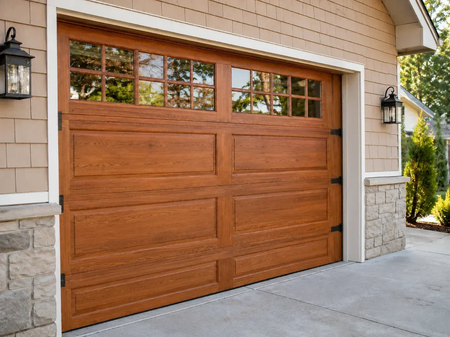Wood-look garage door with top windows for residential curb appeal and garage door replacement