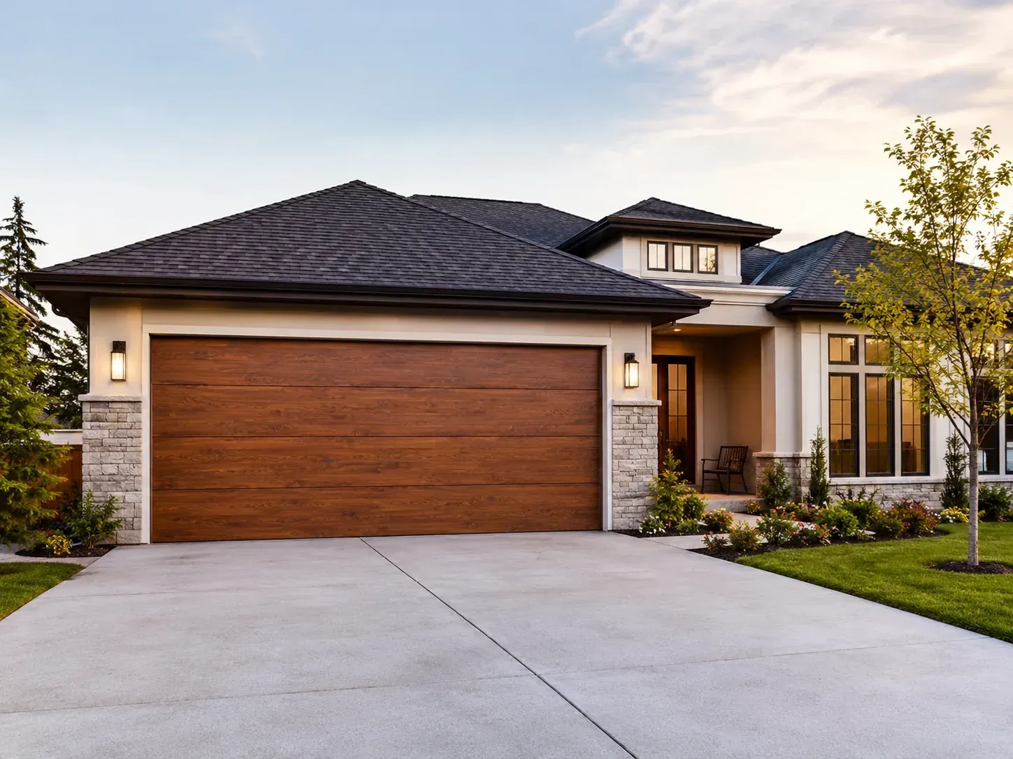 Wood look insulated garage door on a residential home