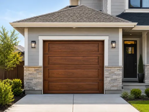 Brown wood-look garage door on a modern residential home with stone accents