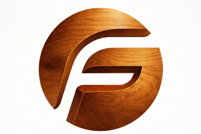 Un logo circolare con una texture effetto legno, caratterizzato da una lettera 