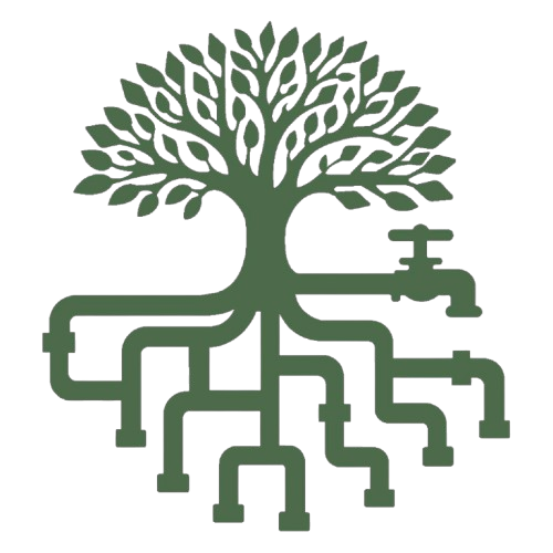 Green tree logo with branches shaped like plumbing pipes and faucets, symbolizing water conservation