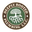 Deeply Rooted Plumbing LLC logo with a green tree and white plumbing pipes on a brown circular emblem
