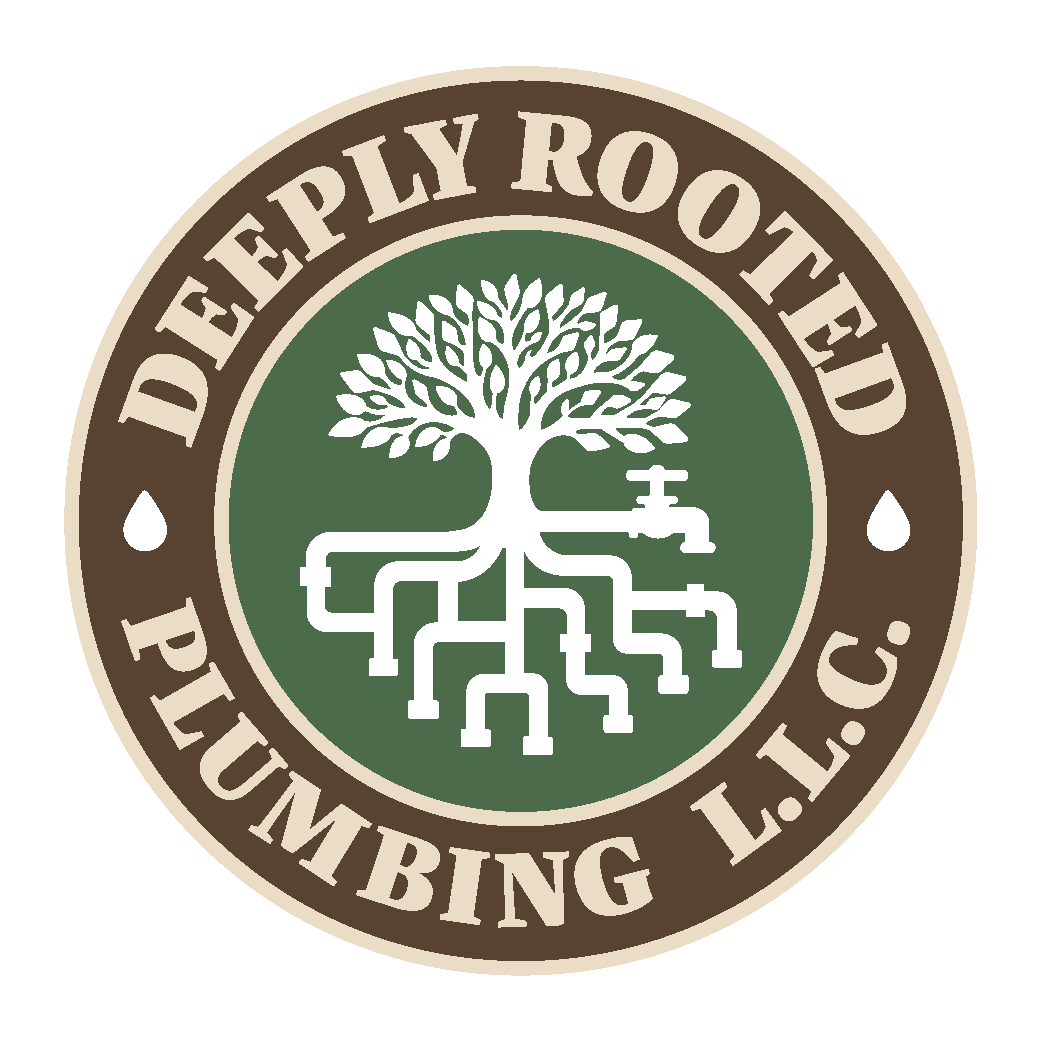 Deeply Rooted Plumbing LLC logo with a green tree and white plumbing pipes on a brown circular emblem