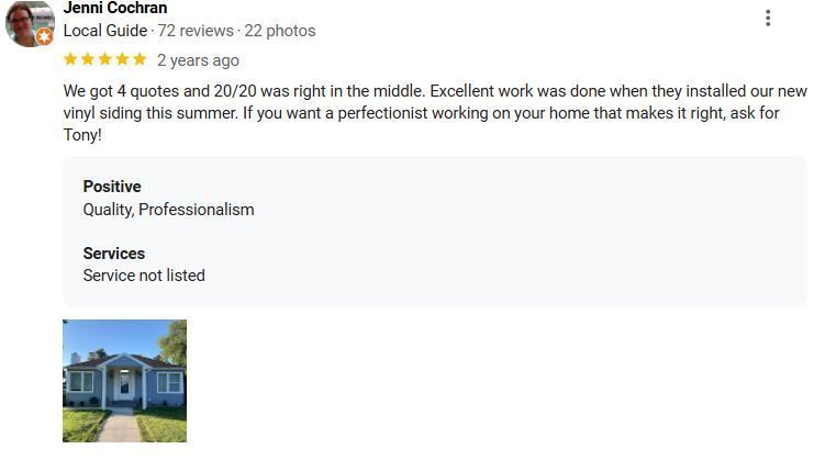 Social media post about professional services, showing a house photo and text requesting a respectful, perfect review for the home.