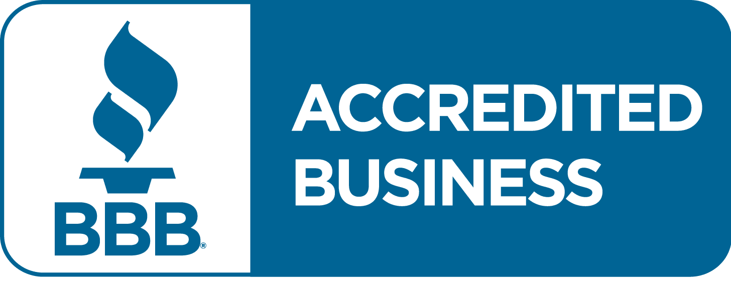 BBB Accredited Business logo, blue and white. Torch graphic and 