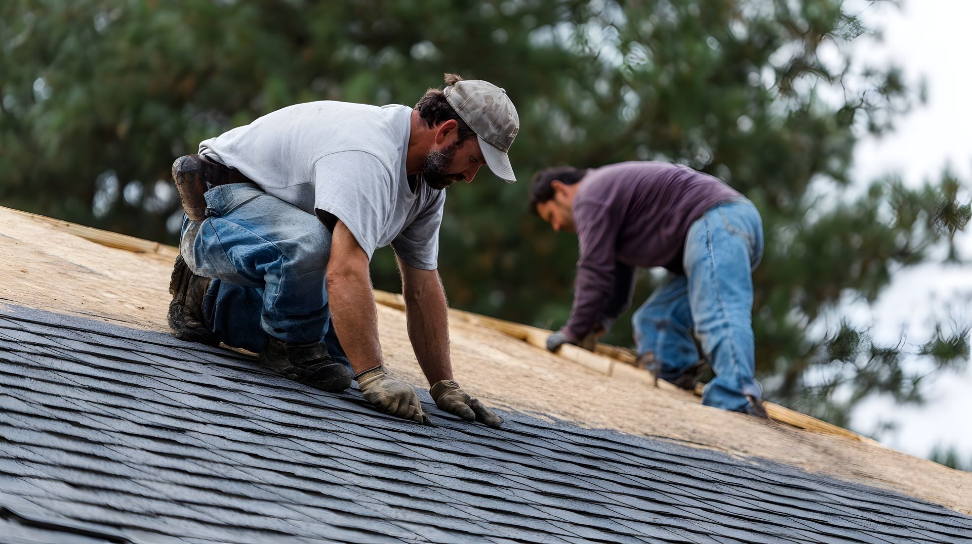 Two workers installing shingles on a sloped roof outdoors