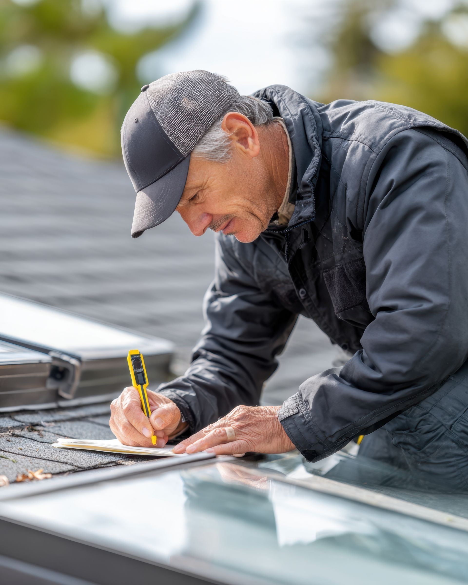 Worker in dark jacket and cap measuring rooftop shingles with a pencil