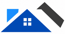 Blue house logo with a white window, a smaller blue square, and a dark gray diagonal bar on white background