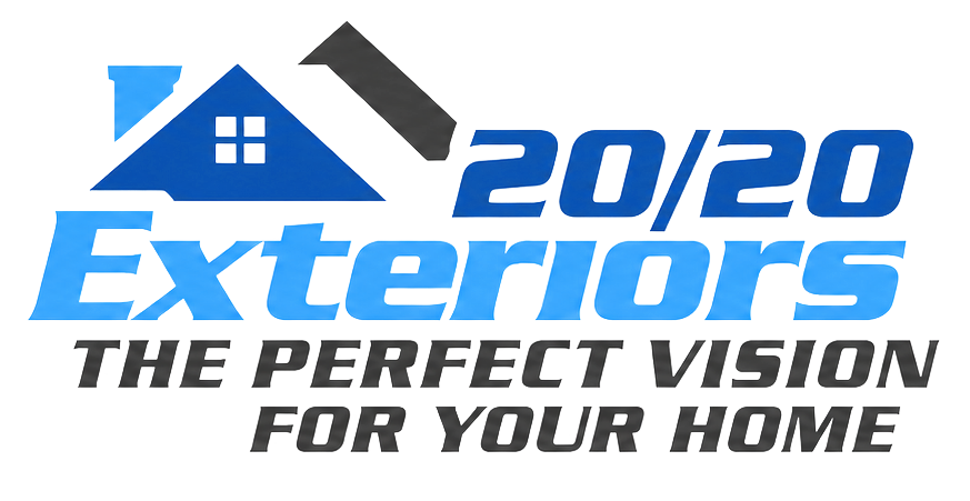 20/20 Exteriors logo with blue house roof icon and slogan “The Perfect Vision for Your Home”