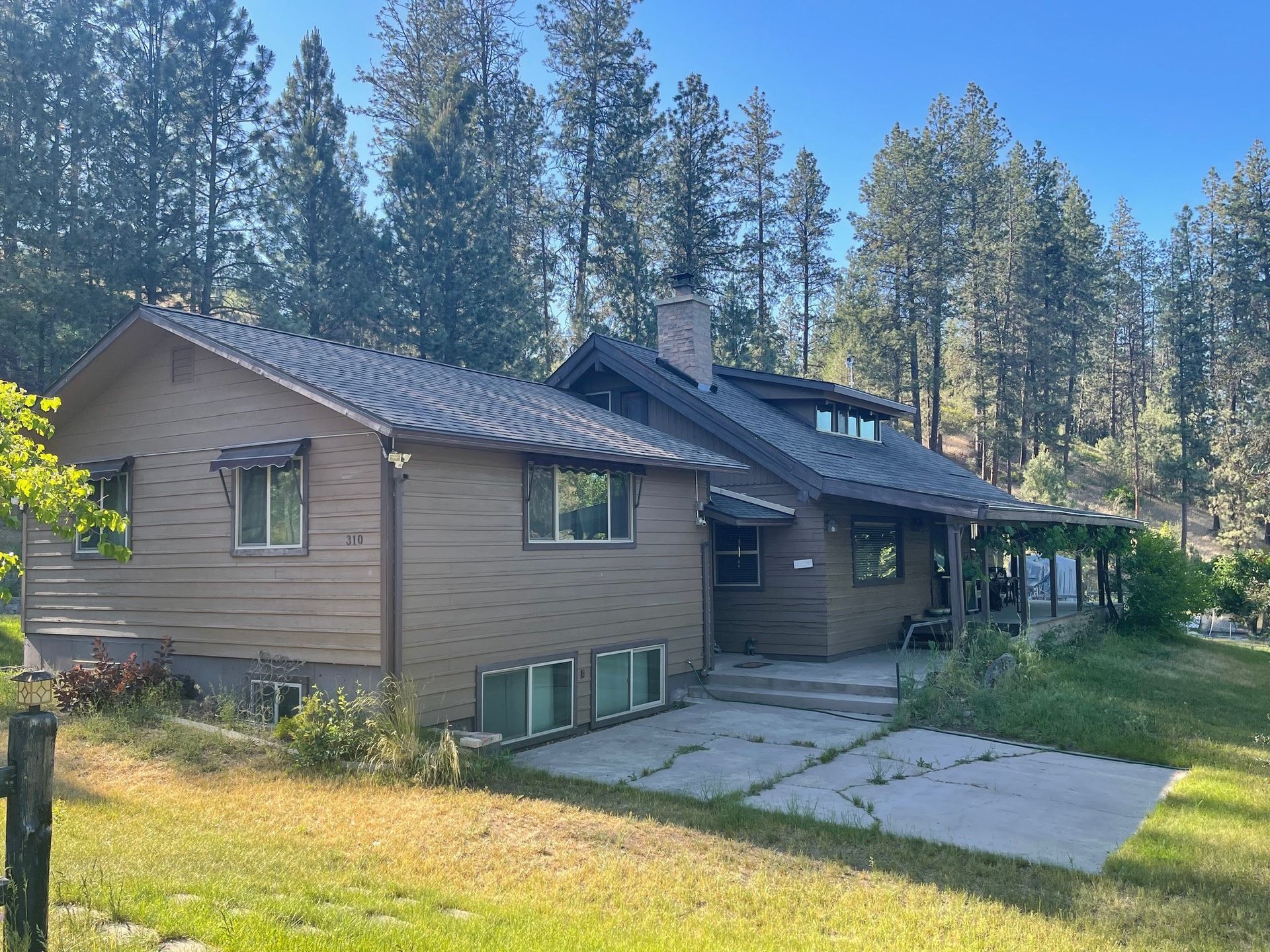 Brown house with a metal roof and porch surrounded by tall pine trees on a sunny day