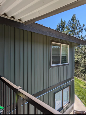 Exterior of a dark green house with white-trimmed windows, viewed from a balcony with pine trees nearby