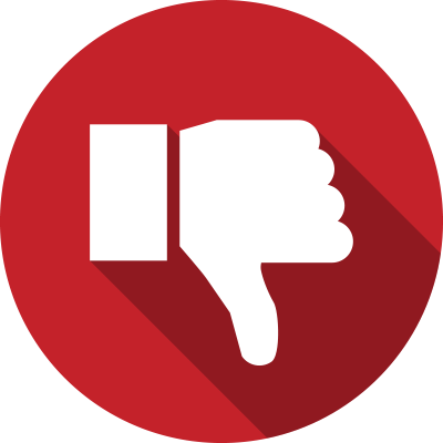White thumbs-down hand gesture with long shadow, inside a red circle.