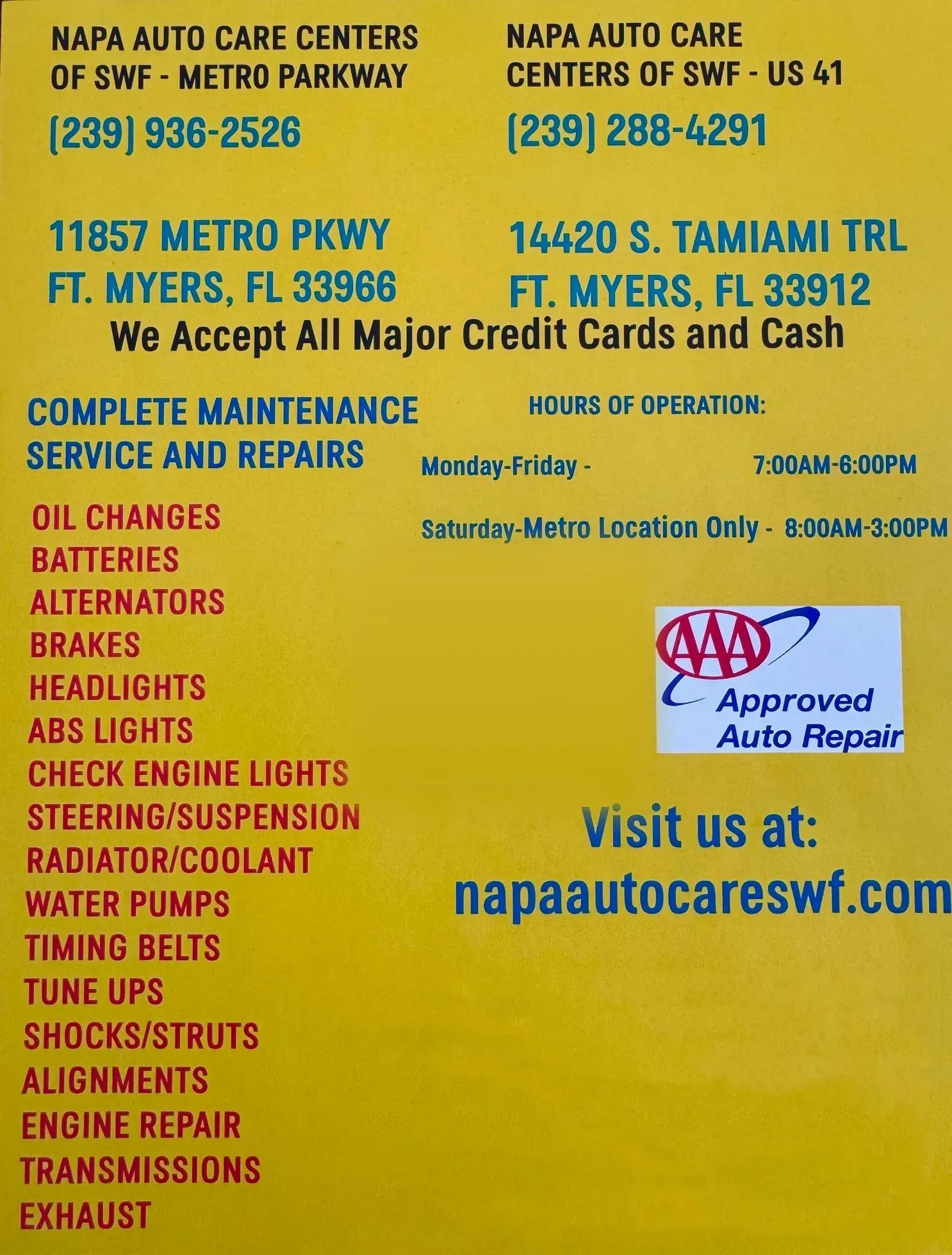 Flyer with our location information and services - NAPA Auto Care Centers of SWF
