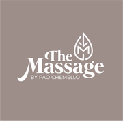 Logotipo de The Massage by Pao Chemello sobre un fondo color topo.