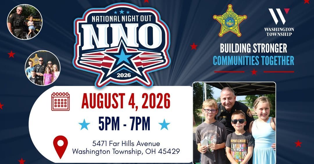 Murder mystery event poster with NNO logo, Aug. 4, 2026, 5–7 PM, blue background and family photo