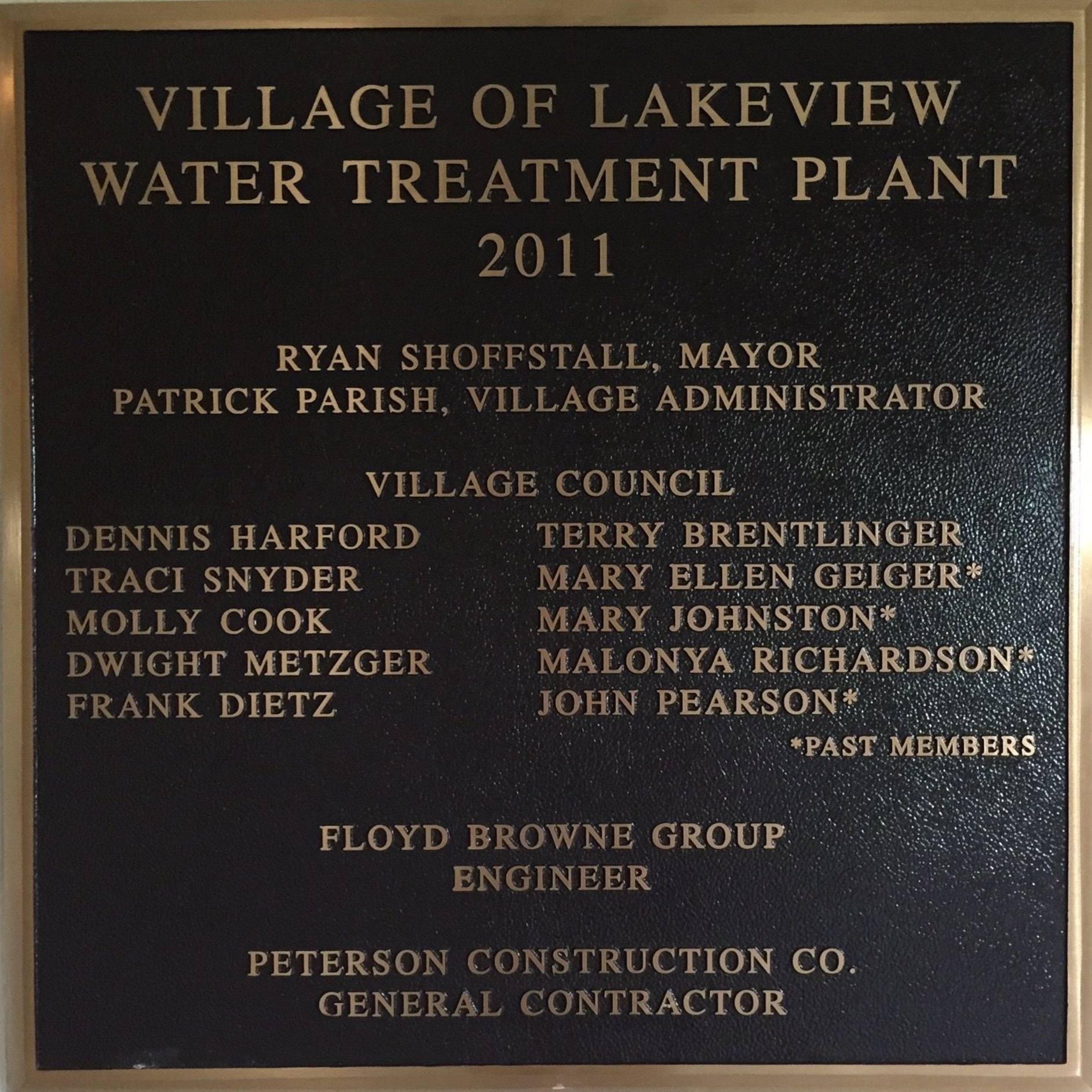 Plaque for Village of Lakeview Water Treatment Plant, 2011, with names of officials and contractors on black background