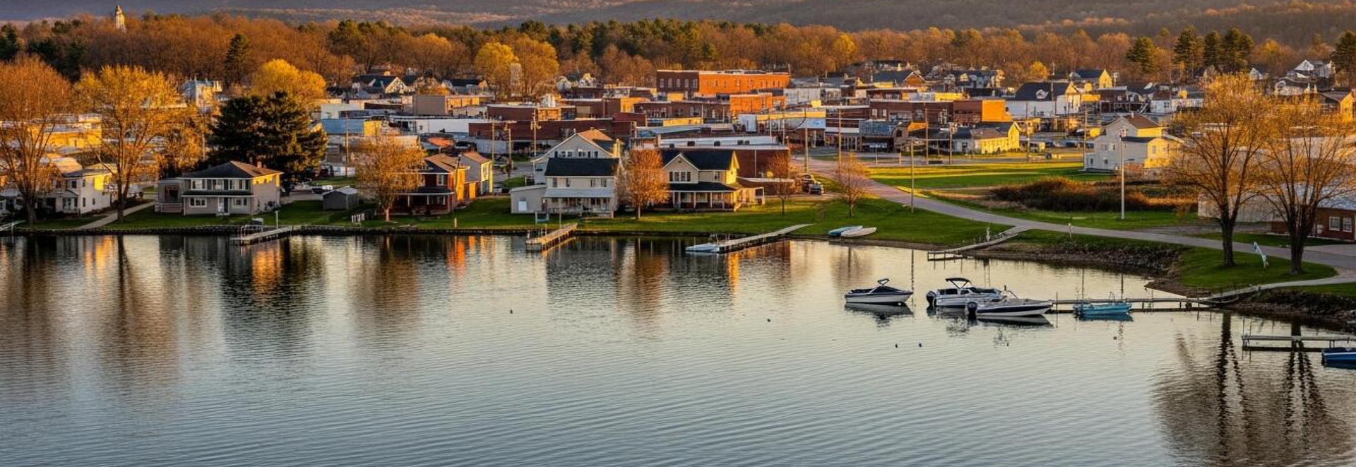 Autumn lakeside town with colorful trees, calm water, and small boats near a shoreline dock
