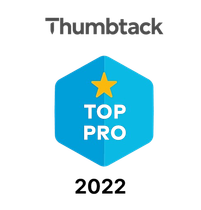 Thumbtack Top Pro badge for 2022: blue hexagon with a gold star and