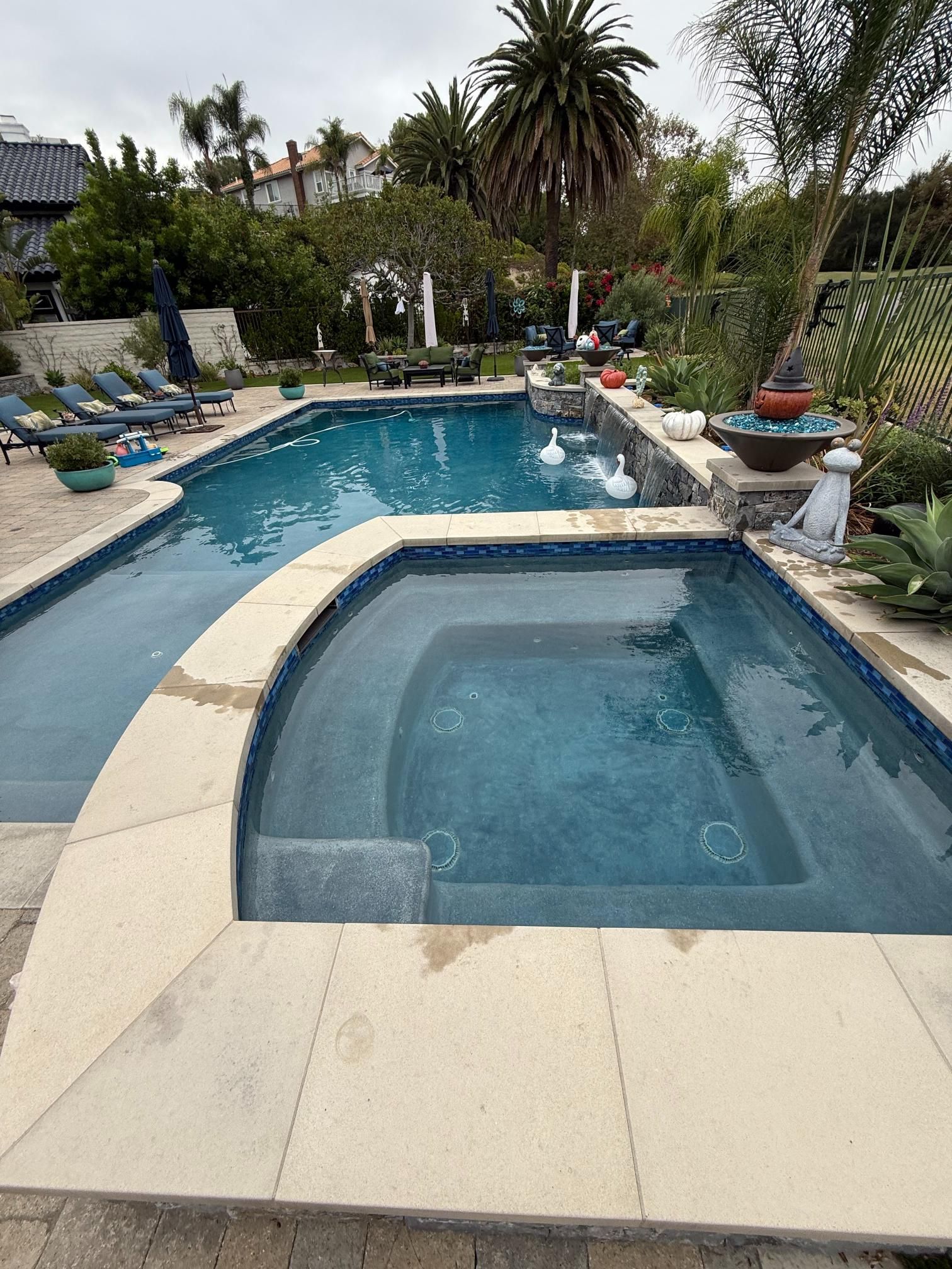 Swimming pool and jacuzzi with stone border surrounded by landscaping.