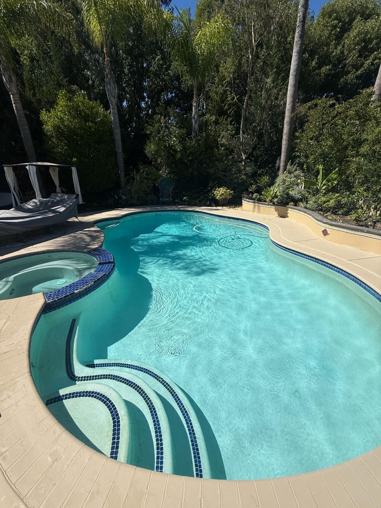Swimming pool with blue water and tiled steps surrounded by trees.