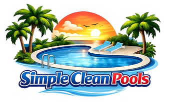 Logo: Tropical pool scene with palm trees, sunset, and pool chairs, "Simple Clean Pools" text.