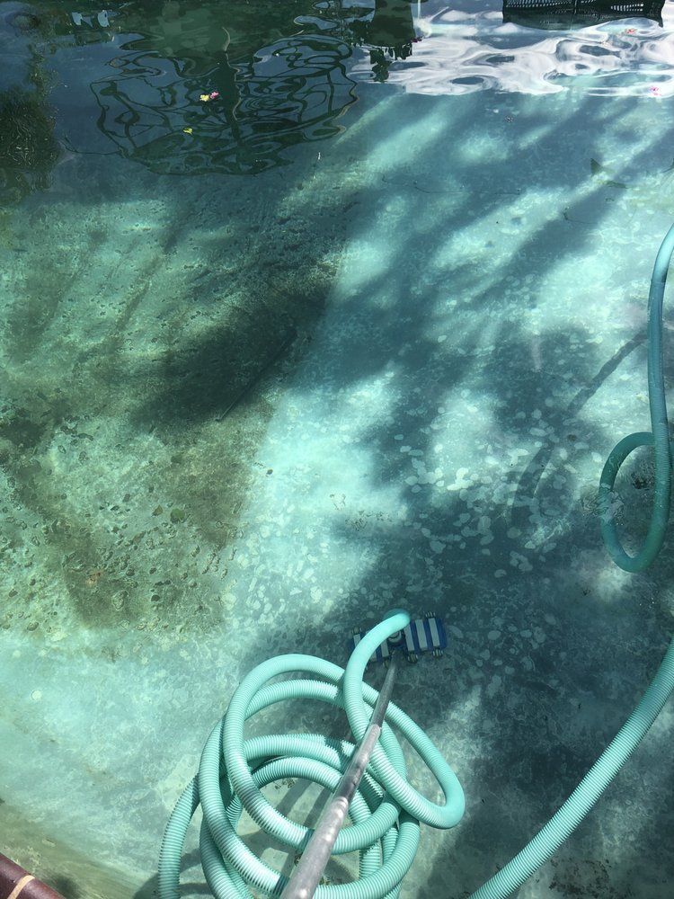 Clear, aqua-colored pool water with debris visible. A green hose and part of a cleaning tool are in the image.