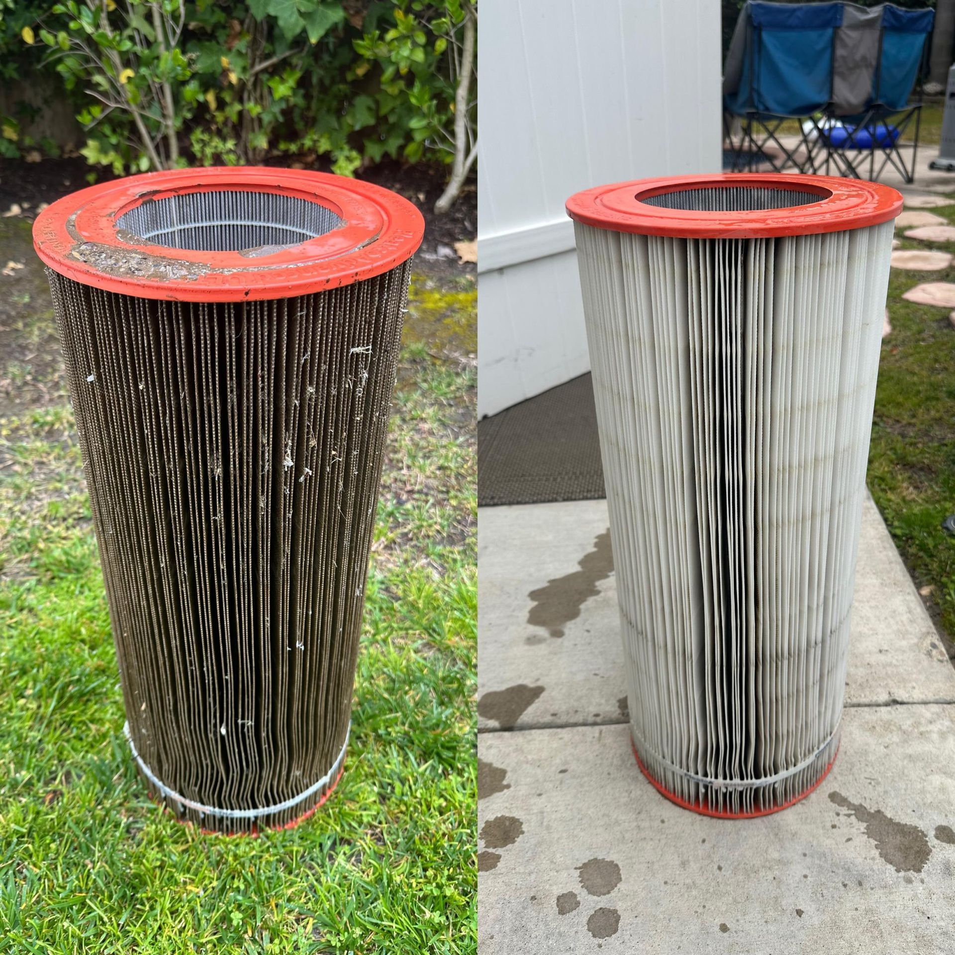 Comparison of a dirty and a clean cylindrical pool filter on green grass and concrete.