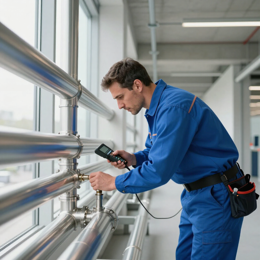 gainesville plumbing plumber diagnosing and repairing a commercial business plumbing pipe issue in a blue uniform